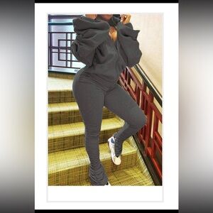 Gray Hooded Two Piece for Women Open Back